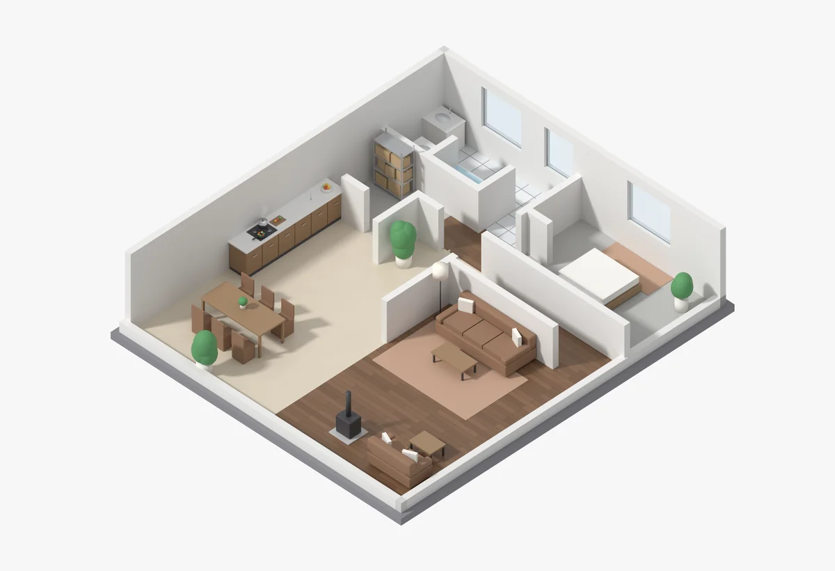 3D floor plan of a larger family home.