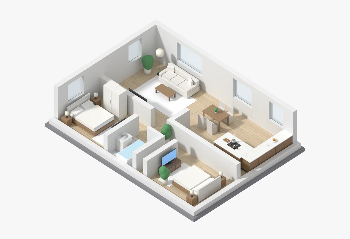 3D floor plan of a 2 bedroom home with furniture.
