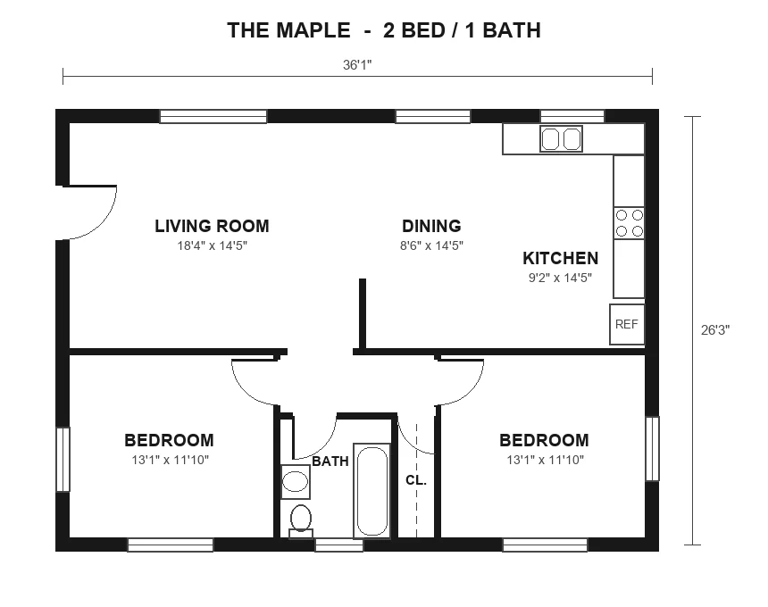 Flat floor plan of The Maple, a 2 bedroom, 1 bath home.