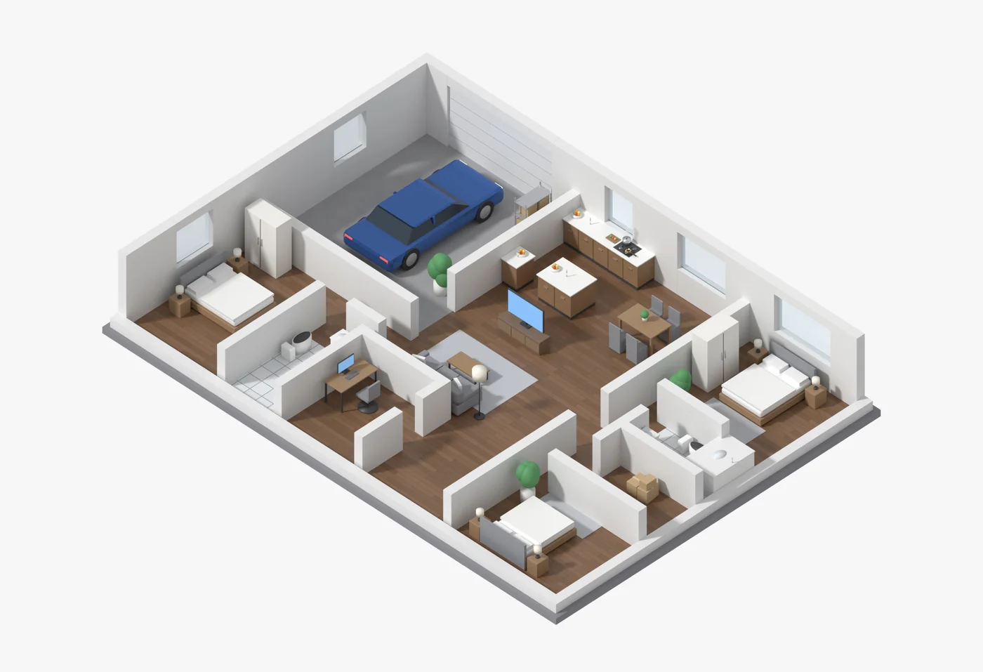The same home as a furnished 3D floor plan seen from an angle.