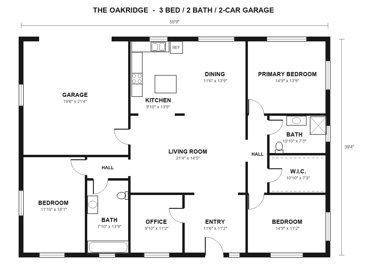 A flat black-and-white floor plan of a 3 bedroom, 2 bath home with a 2-car garage.