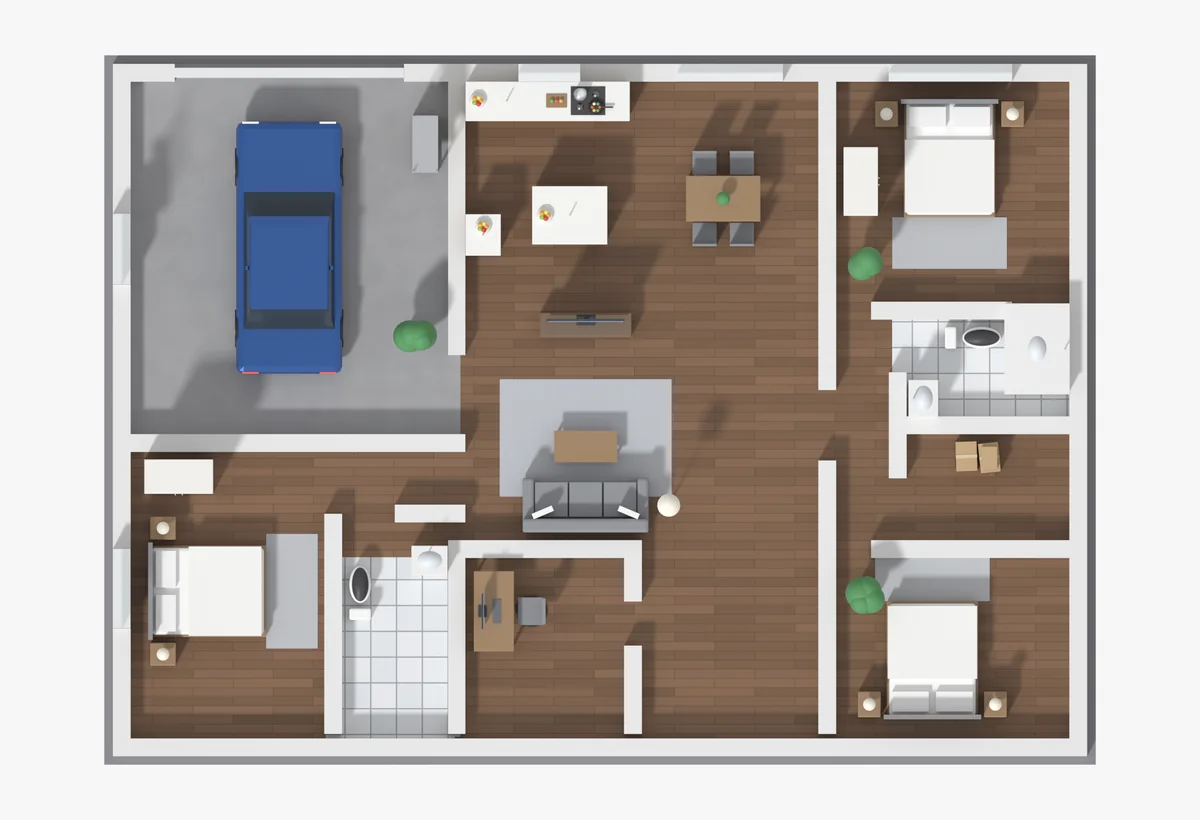 The same home as a furnished top-down colored floor plan.