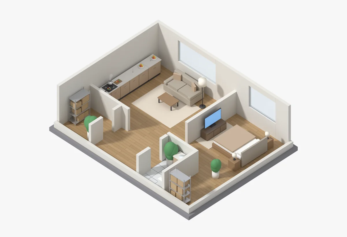 3D floor plan of an apartment unit with a living room, kitchen and bedroom.