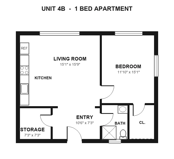 Flat floor plan of apartment Unit 4B.